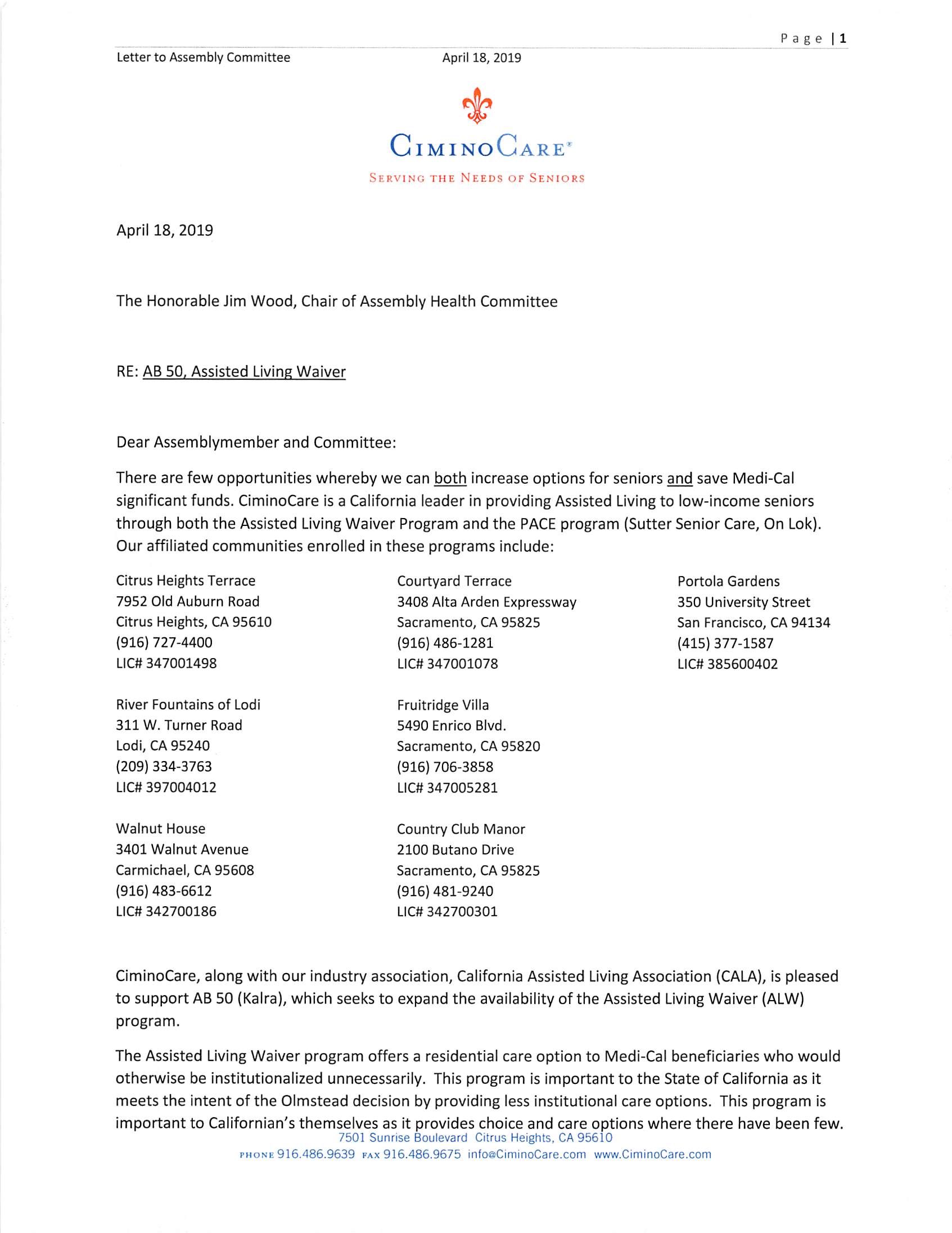 CiminoCare Letter to Assembly Committee